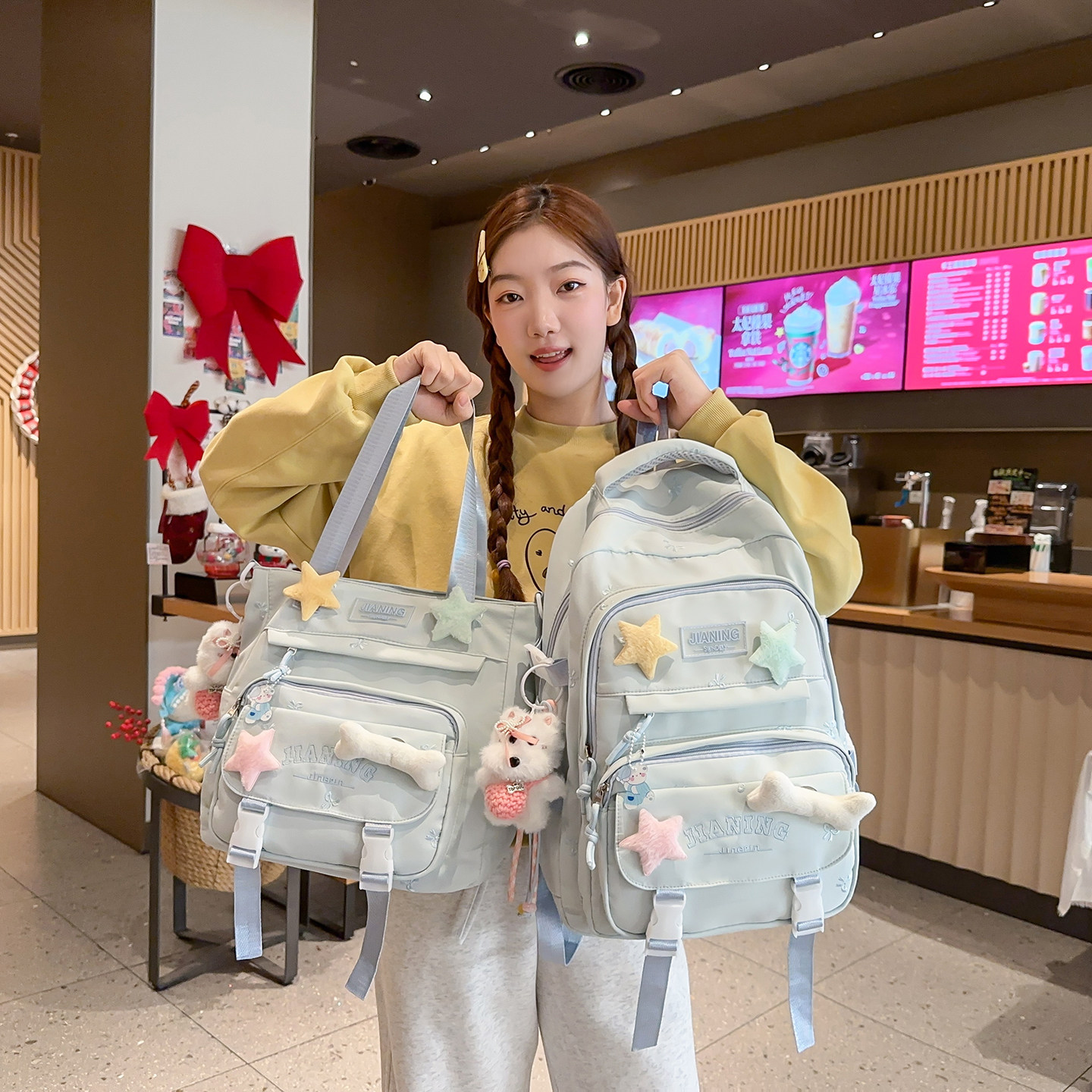 专柜正品可爱甜美小学生星星挂件双肩背包女学生书包大容量初中生