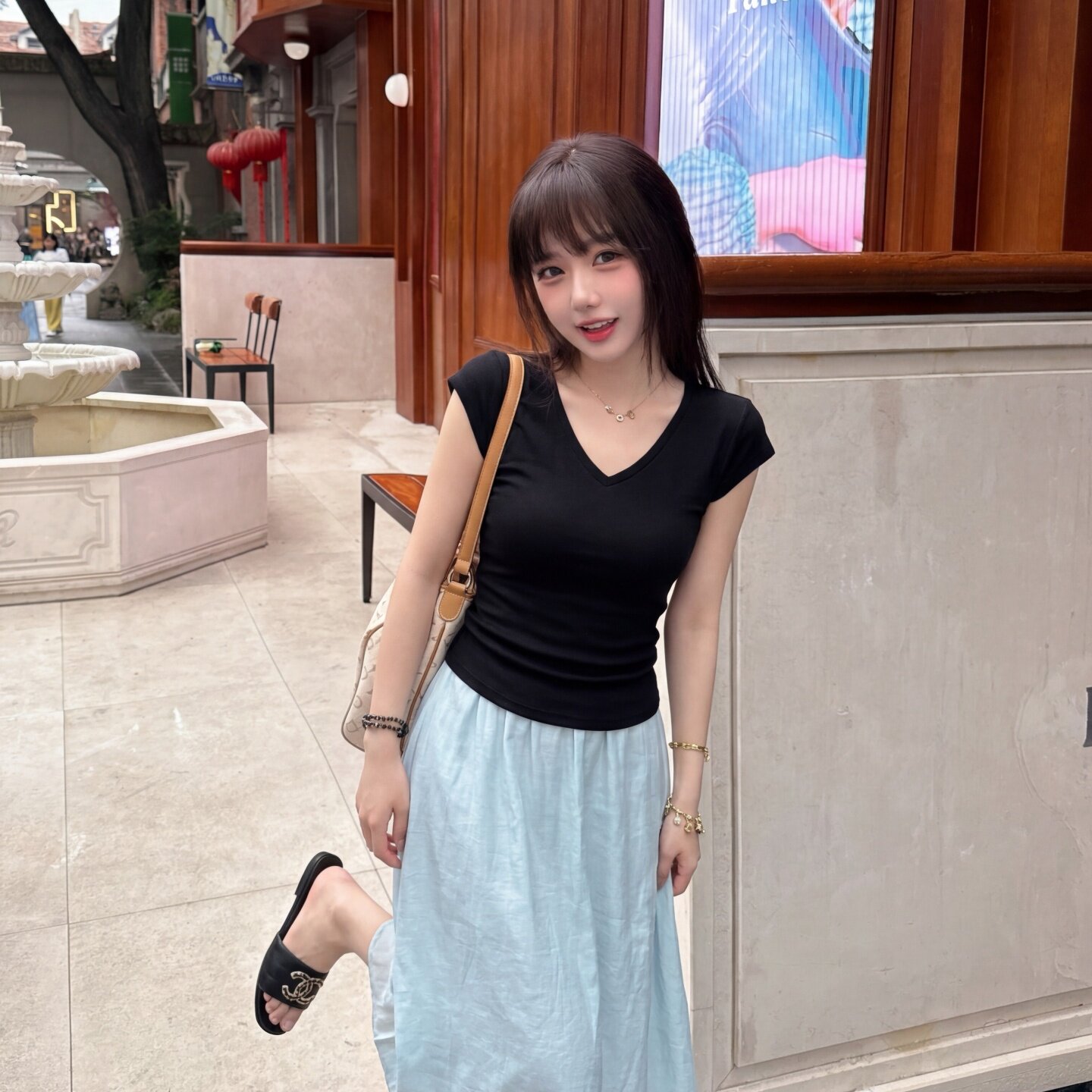 专柜正品韩系小清新通勤蓝色半身裙女夏季氛围感休闲百搭修身A字