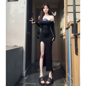十三行正品名媛御姐风情万种的裙子性感一字肩紧身包臀开叉连衣裙