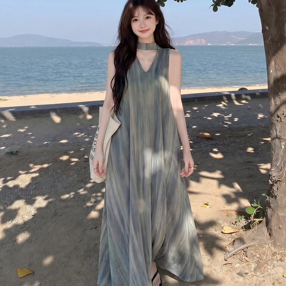 专柜正品度假薄纱挂脖吊带连衣裙女2026夏背心裙子艺术生明媚气质