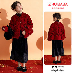 中国风女童冬装2026新款女大童洋气时髦红色棉服外套拜年服套装裙