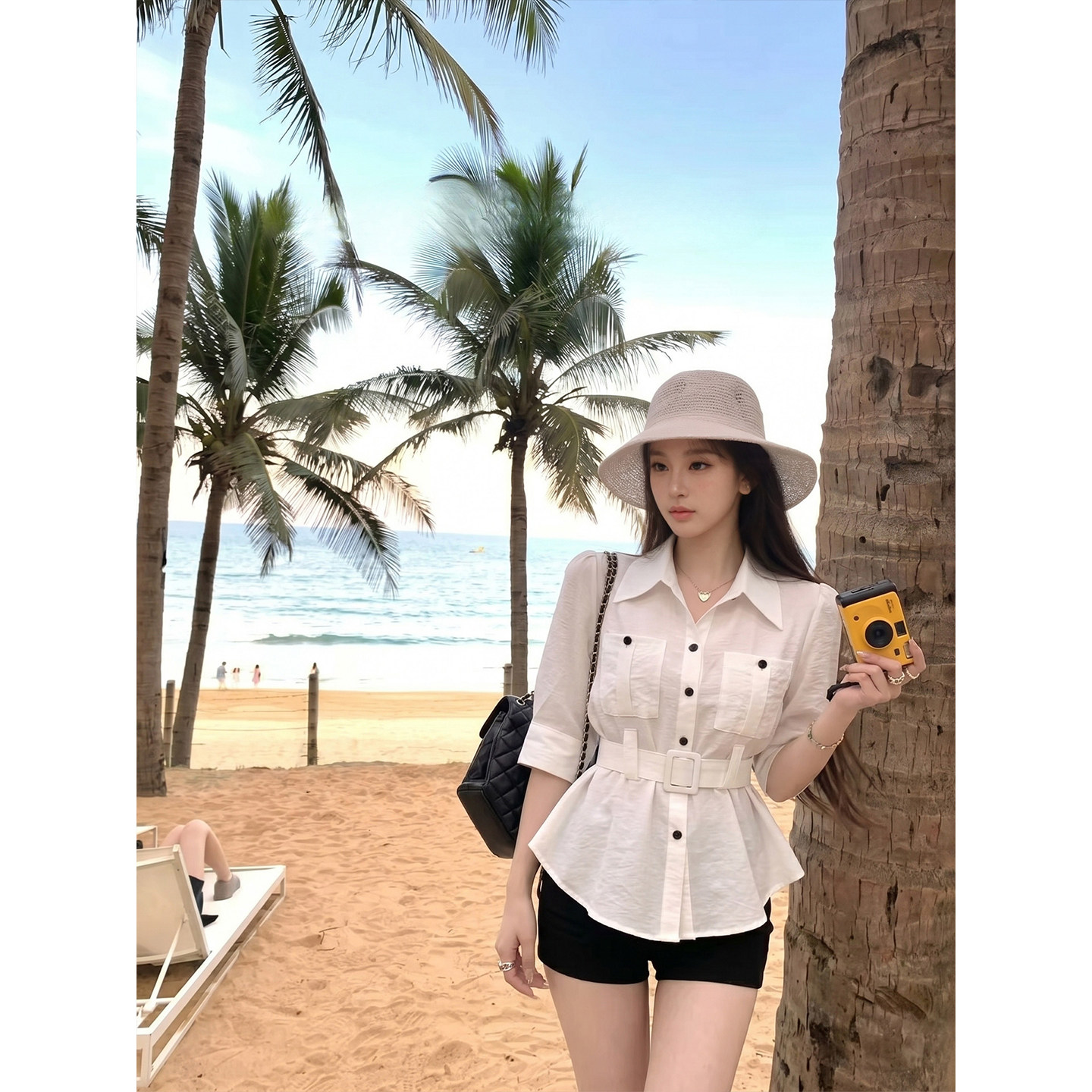 专柜正品法式翻领五分袖白色衬衫女夏季不规则收腰显瘦单排扣上衣
