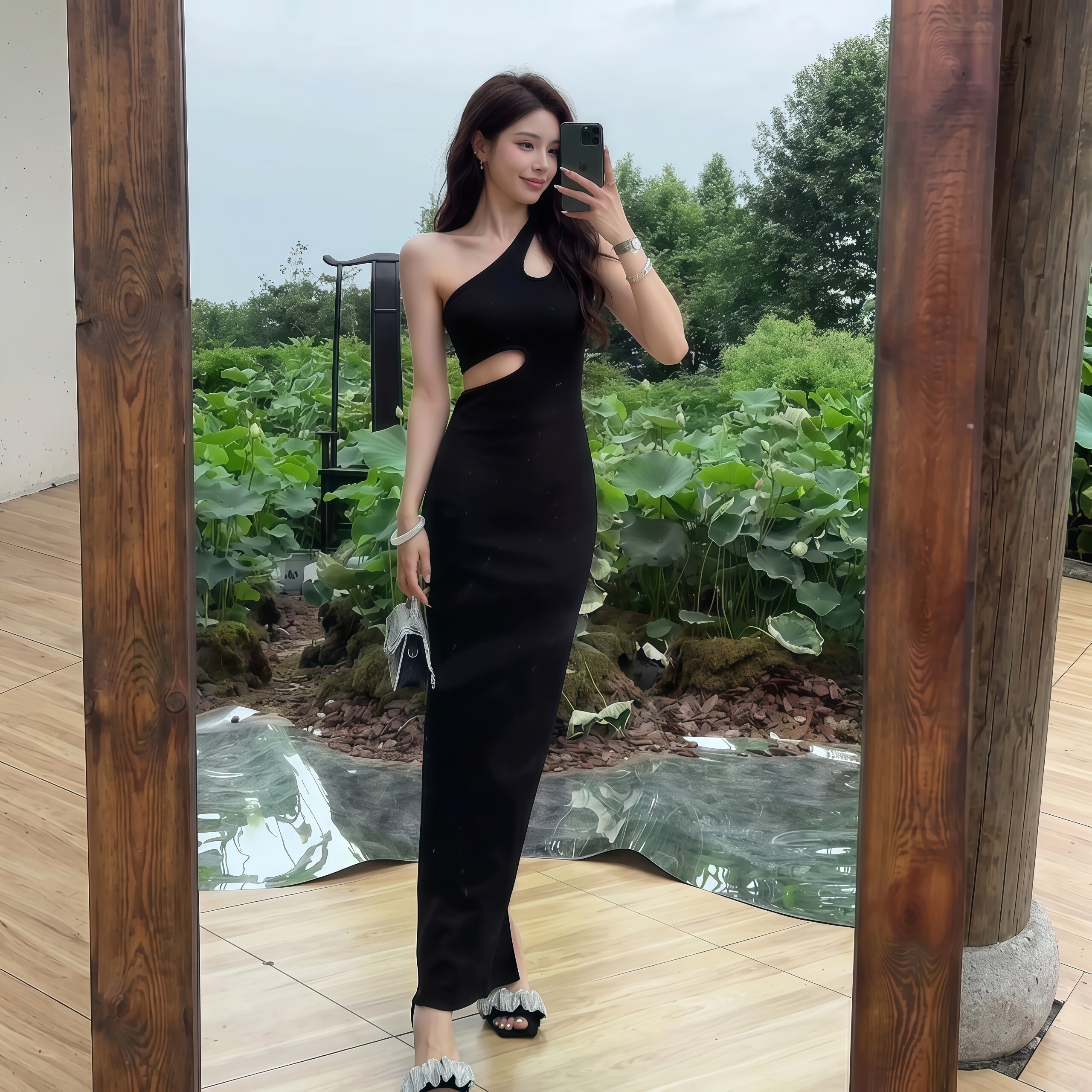 专柜正品黑色不规则镂空连衣裙女修身显瘦性感开叉包臀长裙设计感