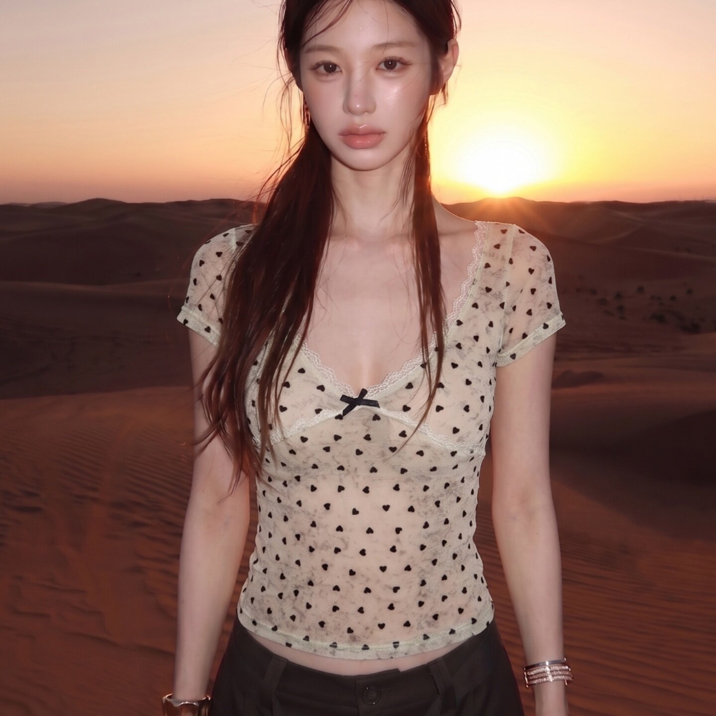 专柜正品纯欲风米灰扎染印花时尚减龄蕾丝衫蝴蝶结设计修身显瘦短