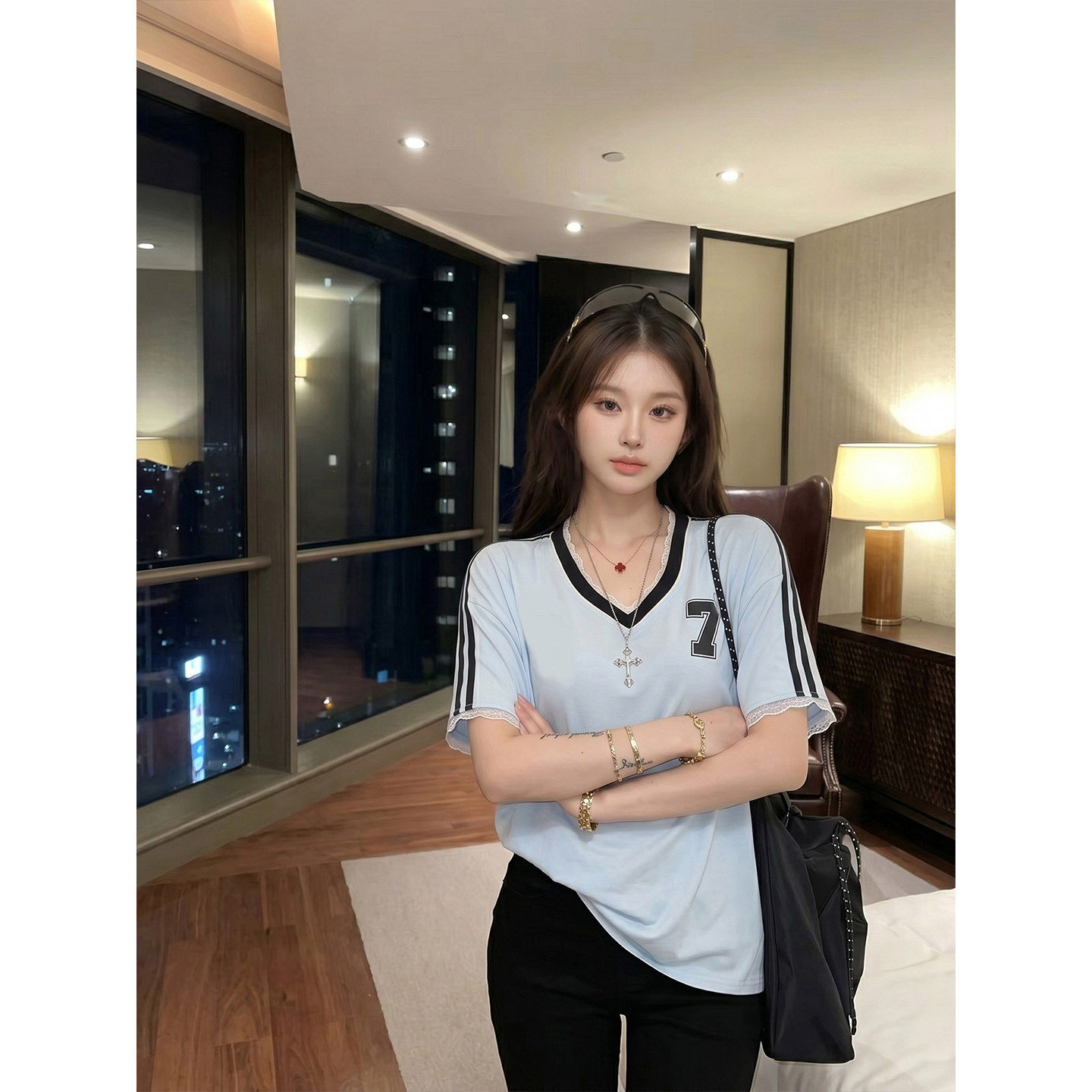 专柜正品蓝色v领短袖t恤女夏季美式球衣蕾丝花边宽松显瘦休闲上衣