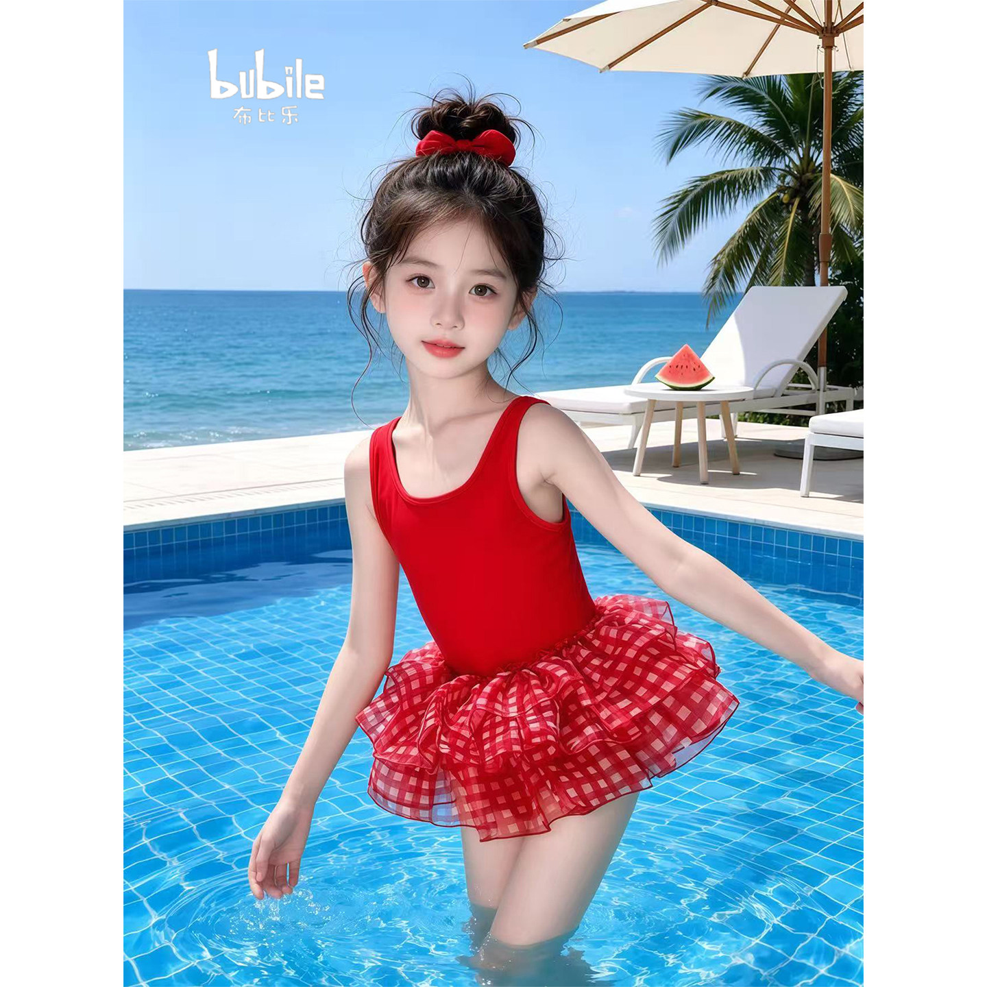 专柜正品女童泳衣2026新款儿童红色裙式连体游泳衣夏季女孩超好看