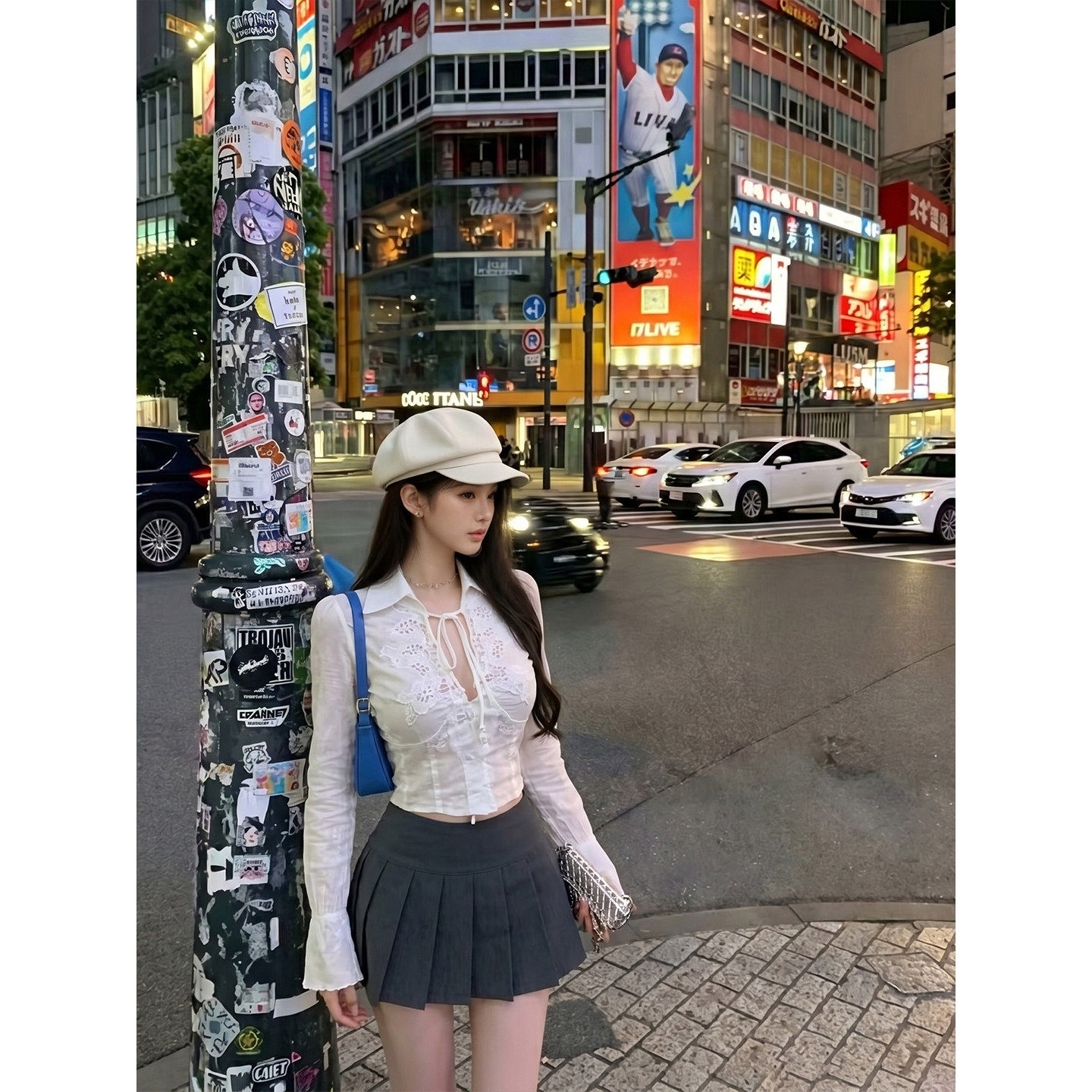 专柜正品韩系学院风套装裙女夏季镂空钩花短款衬衫百褶短裙两件套