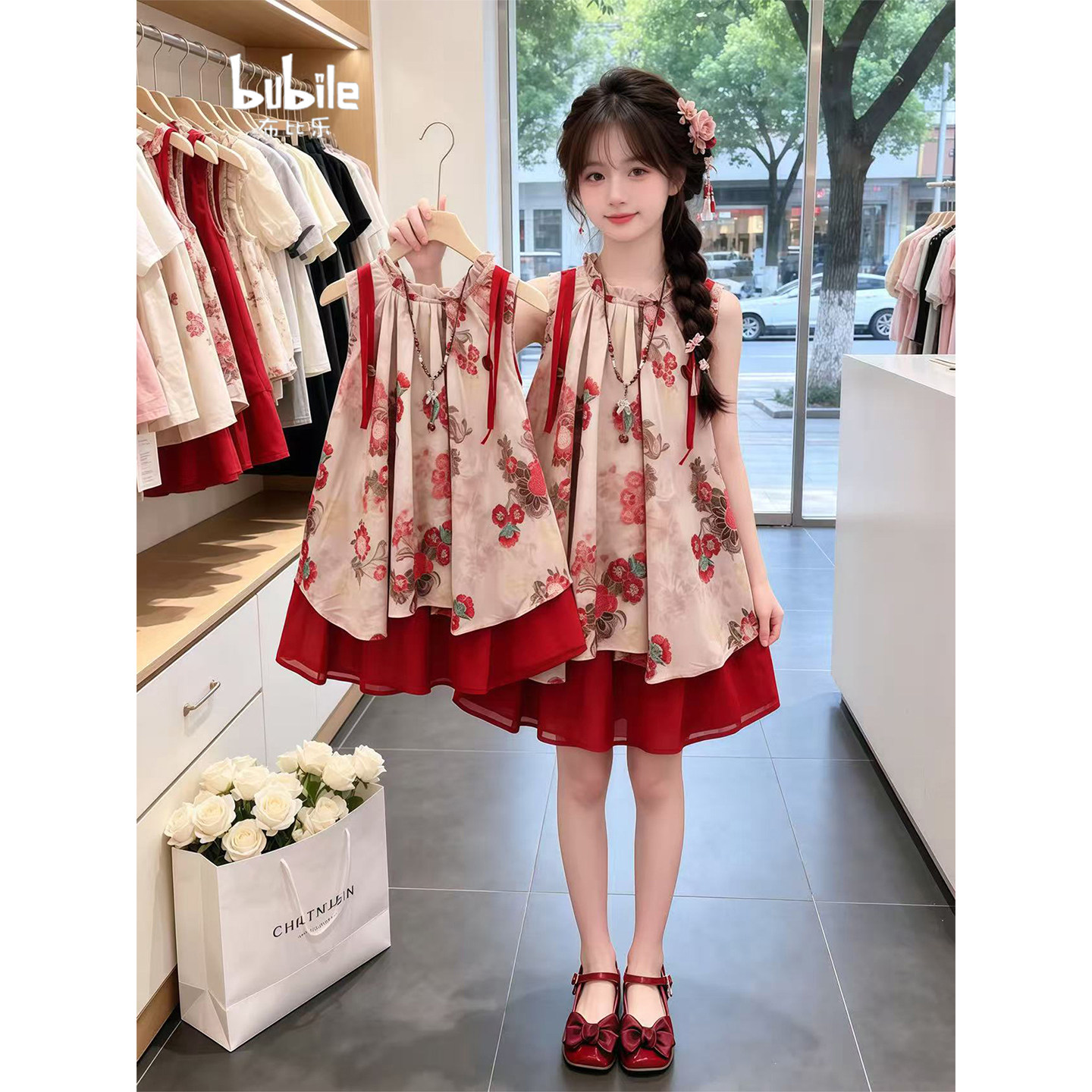 专柜正品女童无袖花朵连衣裙2026夏季新款中大童红色国风背心裙洋