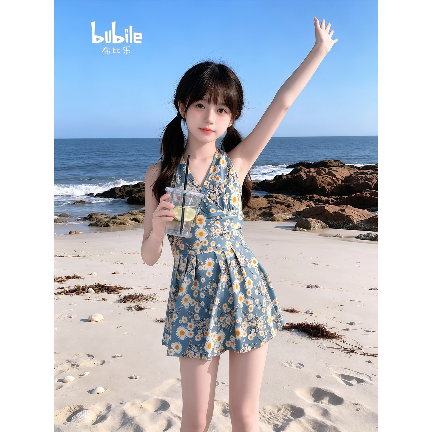 专柜正品女童小雏菊挂脖连体泳衣2026新款裙式遮肚显瘦海边度假儿