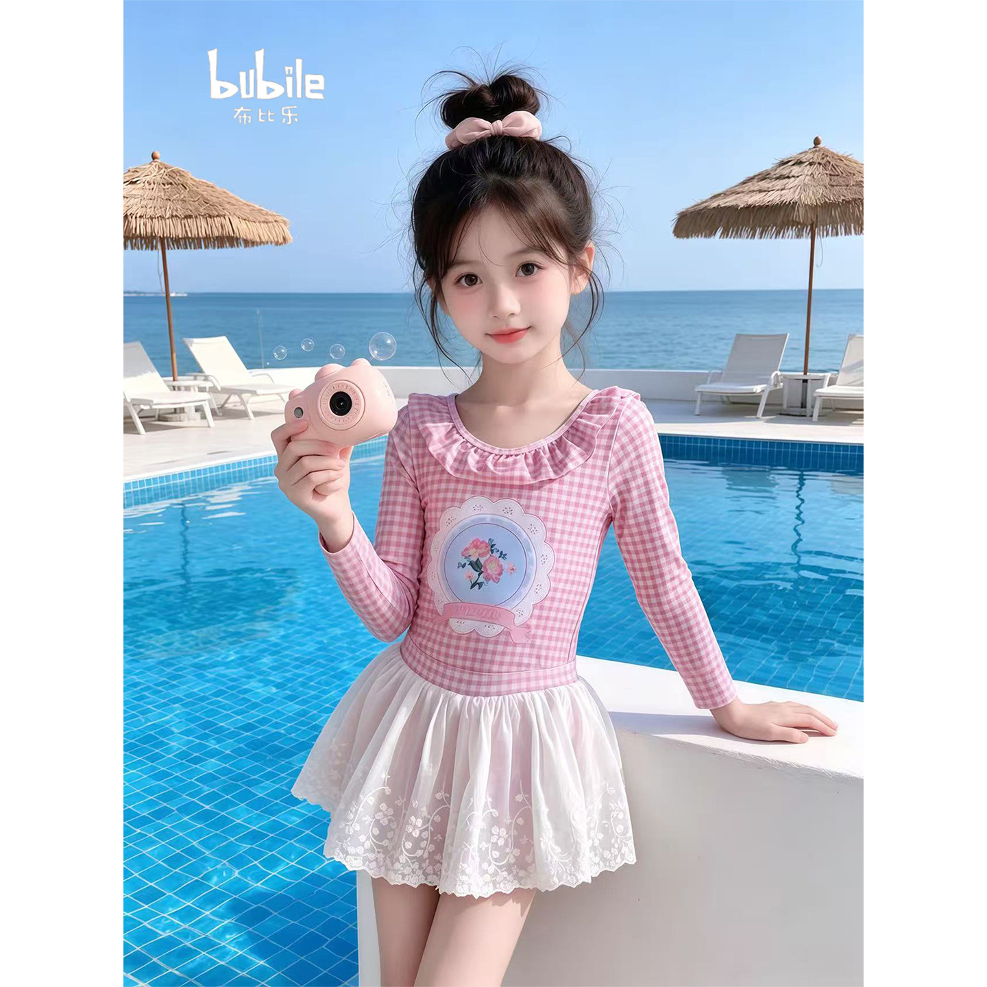 专柜正品女童泳衣2026新款儿童粉色拼接连体游泳衣夏季女孩超好看