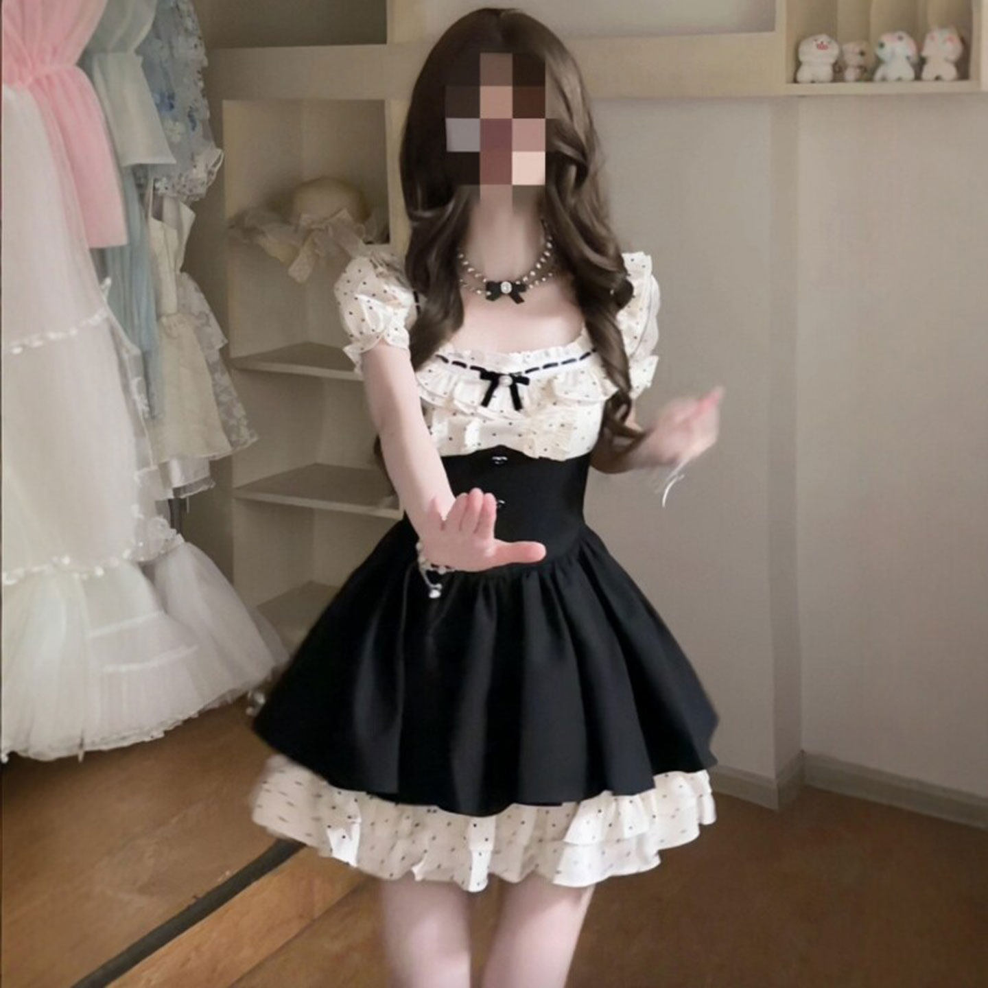 专柜正品小个子设计感巨好看的假两件收腰蓬蓬短裙漂亮独特连衣裙