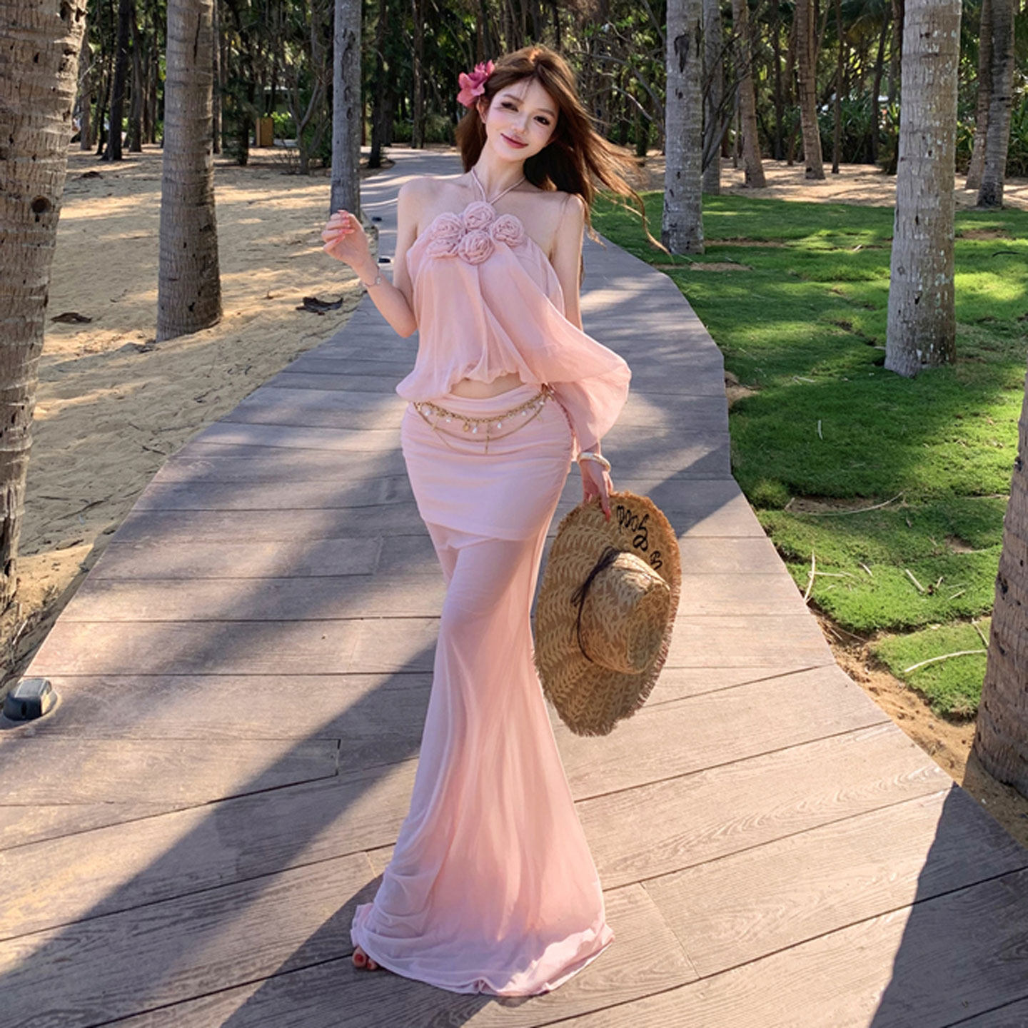 专柜正品海边穿搭度假风超好看的露背上衣包臀半身裙两件套装裙20