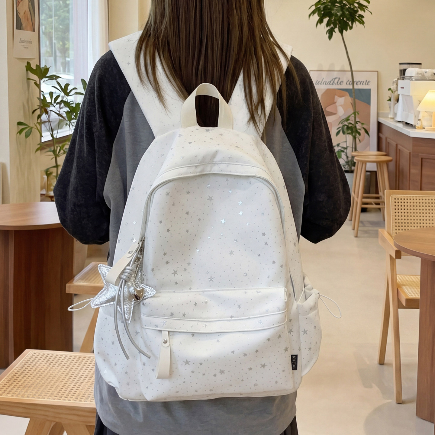 专柜正品书包女ins风星星印花双肩包女小学生简约大容量白色初中