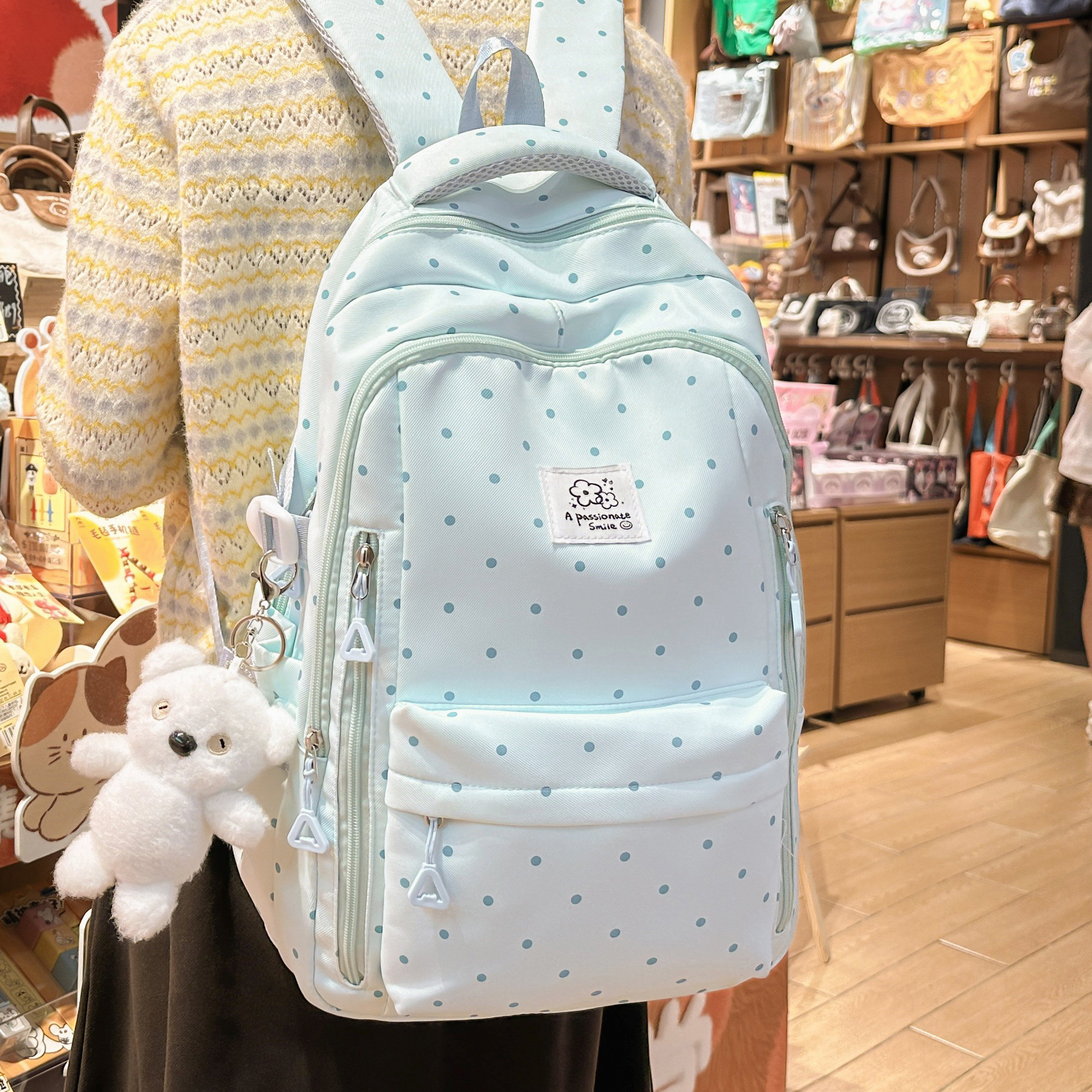 专柜正品休闲书包女日韩风高颜值简约波点印花双肩包初中高中大学