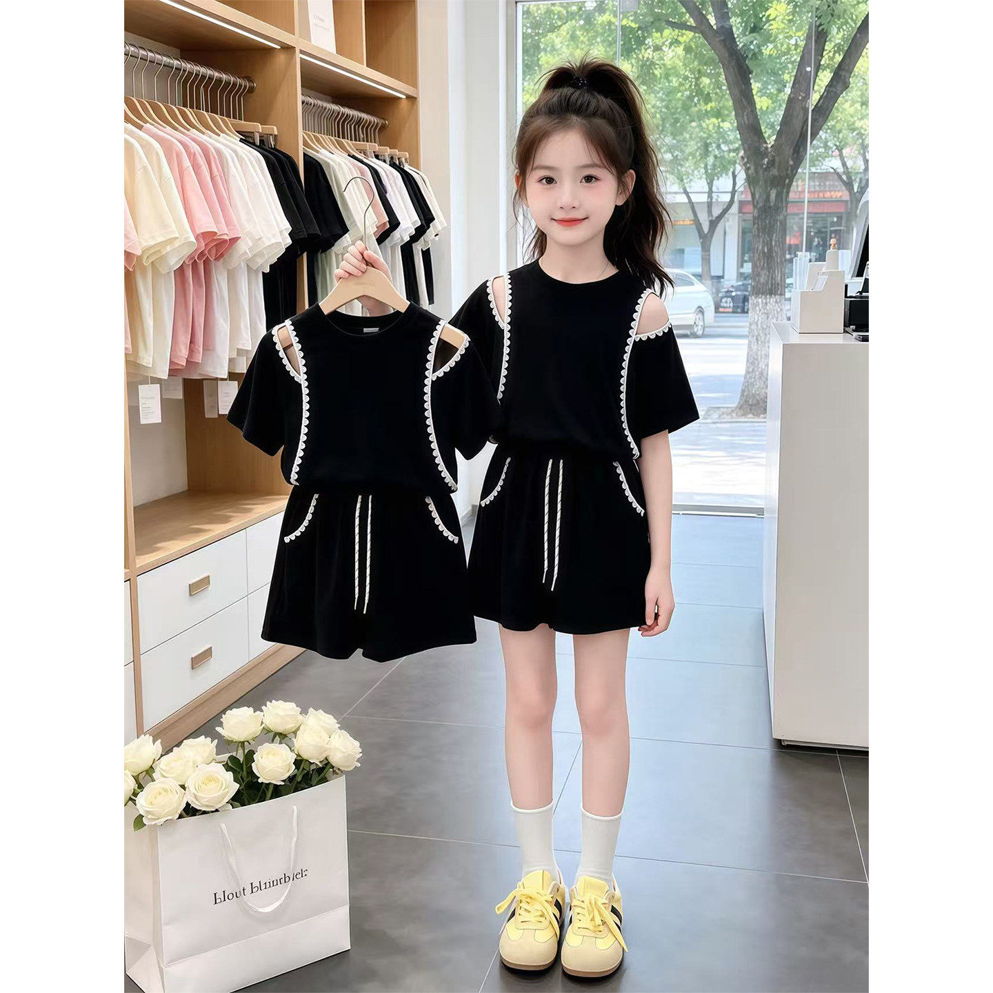 女童套装2026夏季新款儿童巨好看黑色运动漏肩T恤短袖短裤两件套