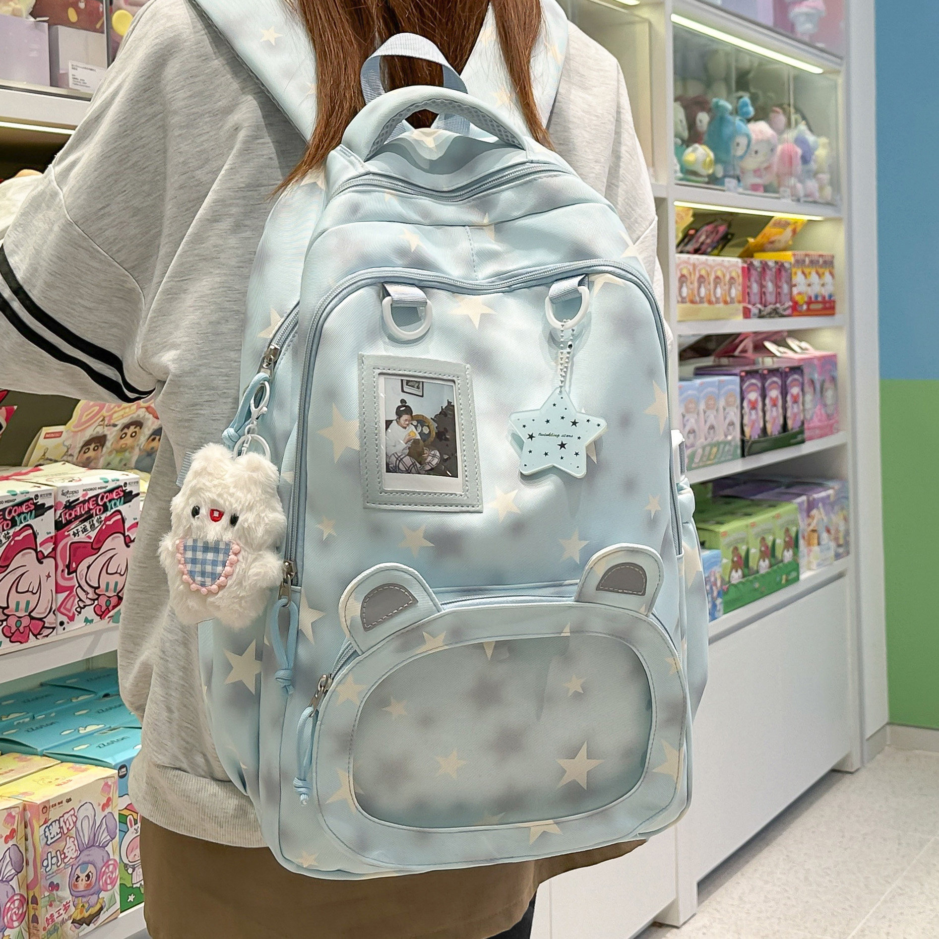 专柜正品日韩风简约书包女森系百搭星星印花双肩包透明痛包初高中
