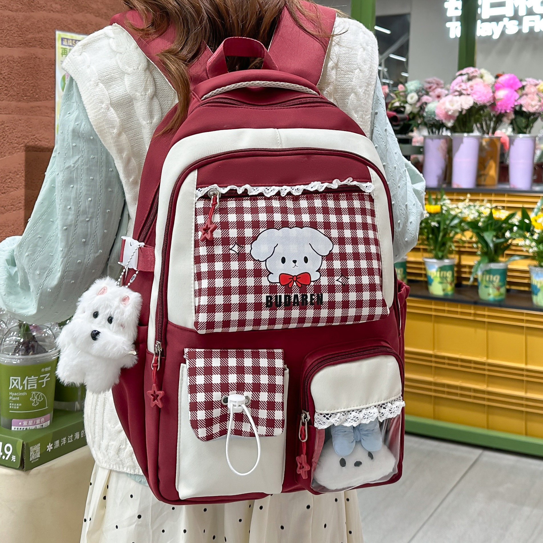 专柜正品可爱甜美风书包女格子小狗印花双肩包透明痛包初高中学生