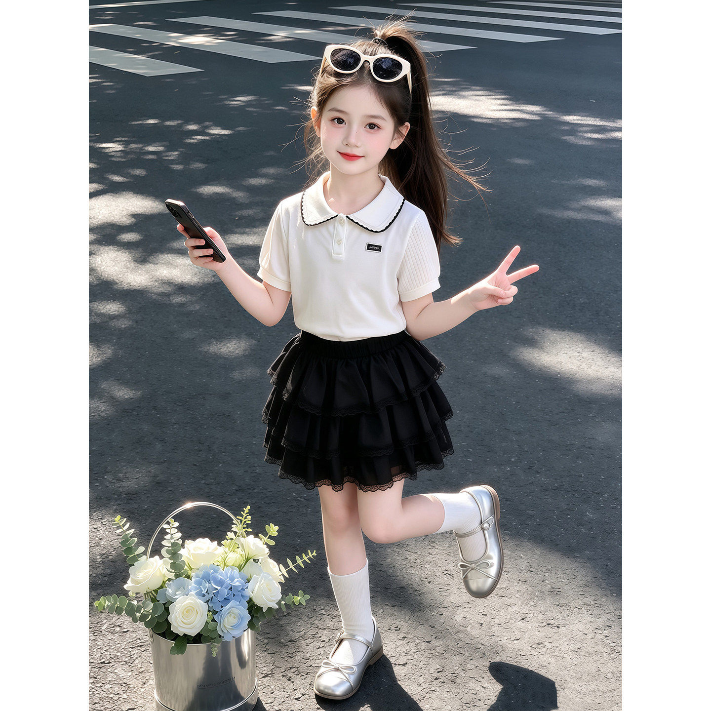 女童POLO衫套装夏季2026新款儿童洋气短袖T恤夏装女孩蛋糕半身裙
