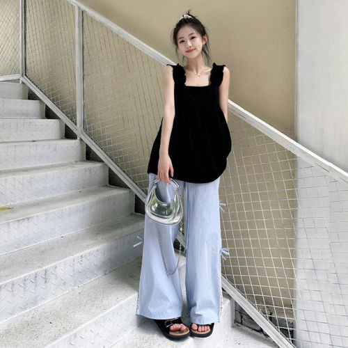十三行正品法式复古方领黑色木耳边吊带背心女夏外穿气质宽松娃娃