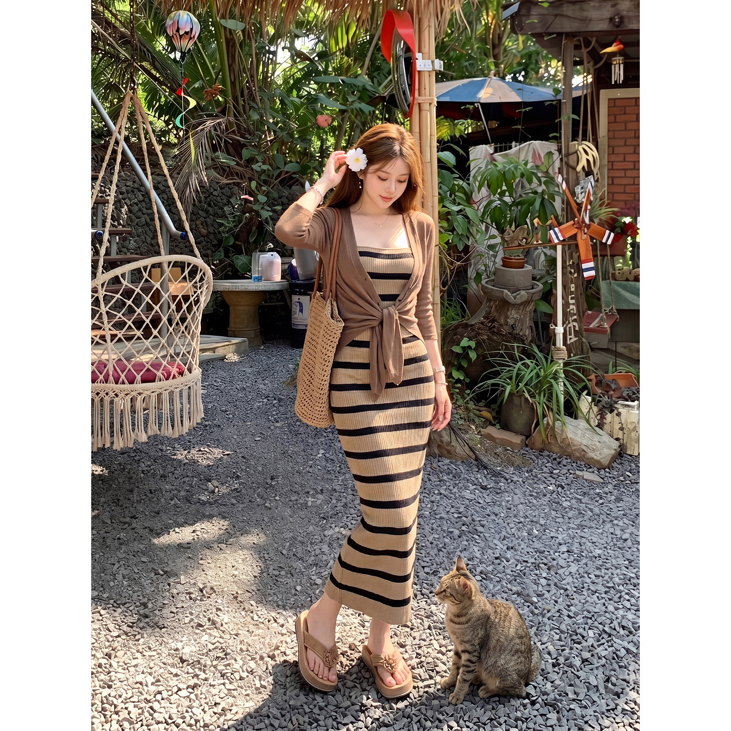 专柜正品韩系条纹抹胸连衣裙女夏季防晒开衫收腰显瘦包臀长裙两件