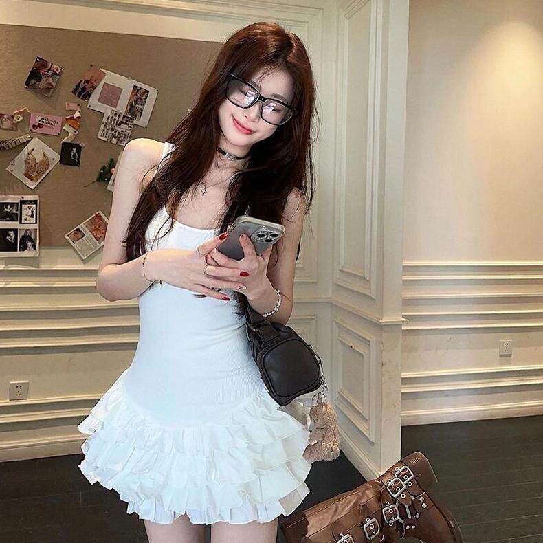 十三行正品纯欲辣妹白色吊带背心连衣裙子女修身设计感无袖针织花