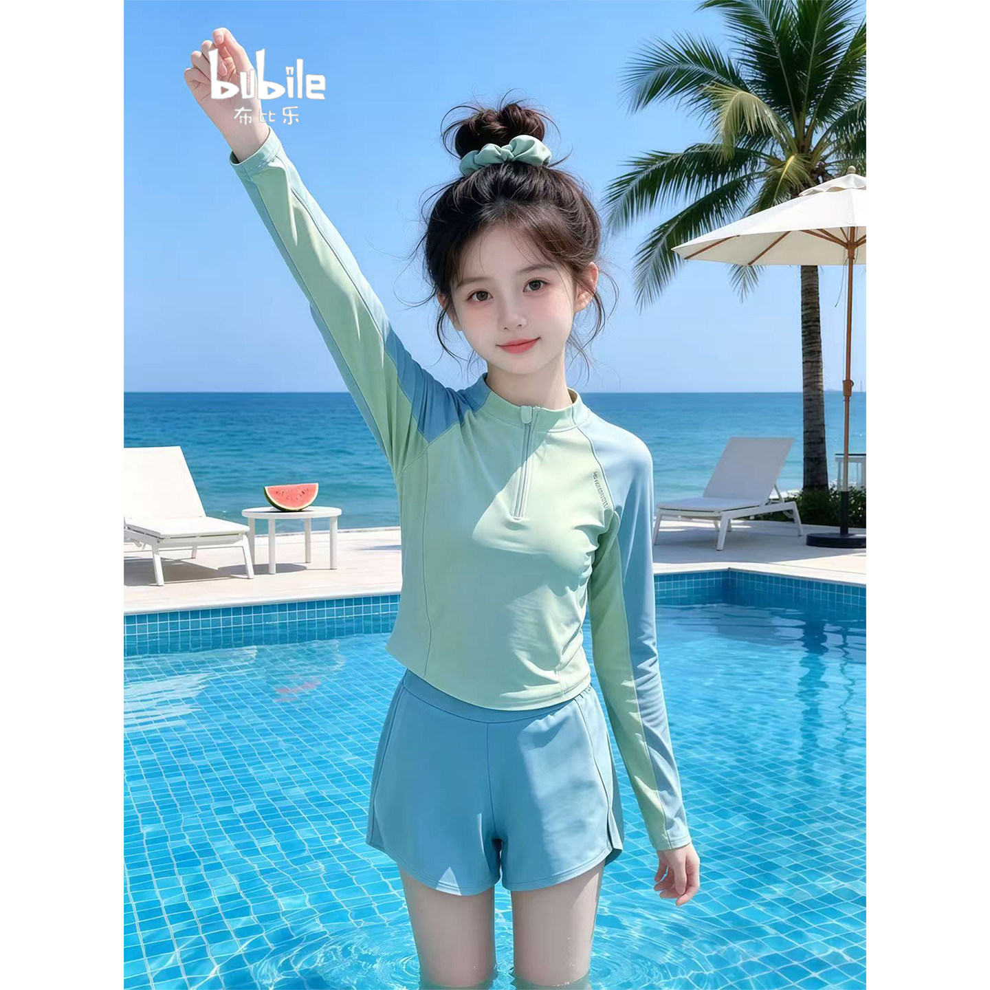专柜正品女童长袖分体防晒泳衣2026新款撞色半拉链长袖防走光短裤