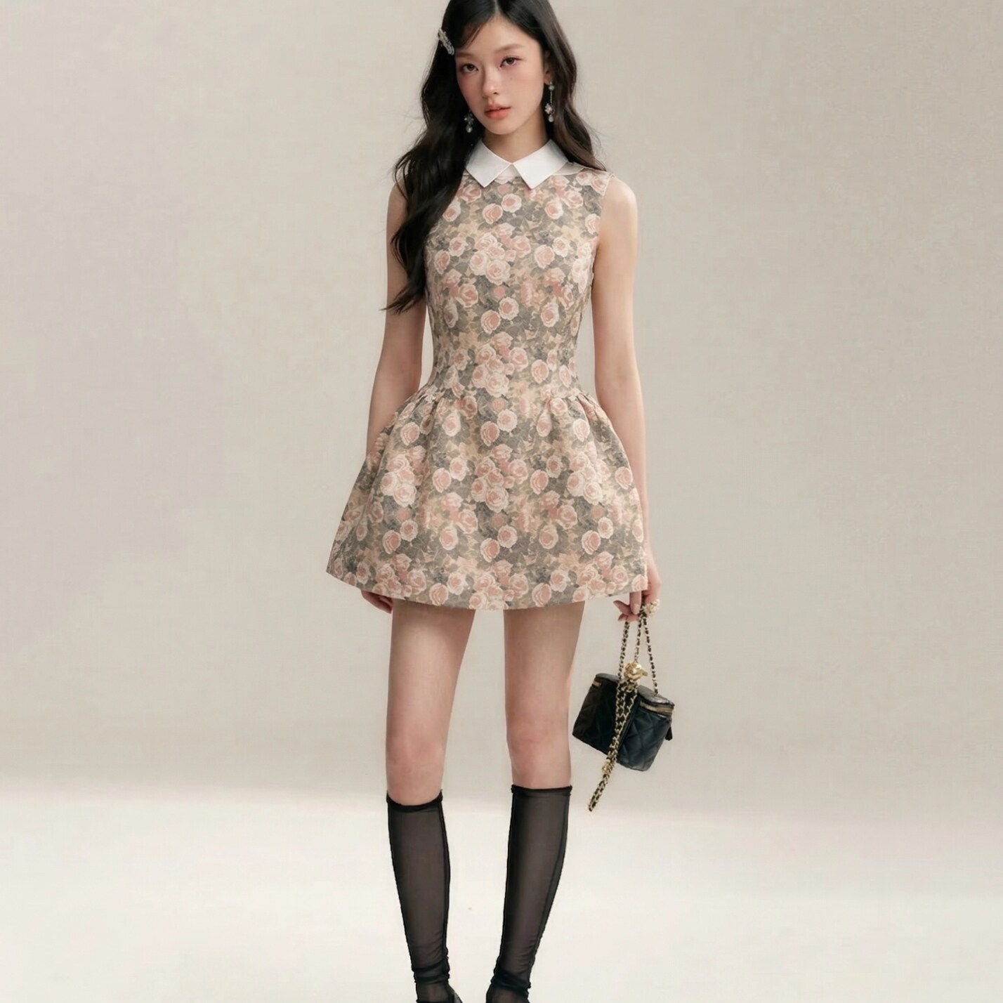 专柜正品复古玫瑰油画衬衫领无袖连衣裙女春夏千金风蓬蓬修身收腰