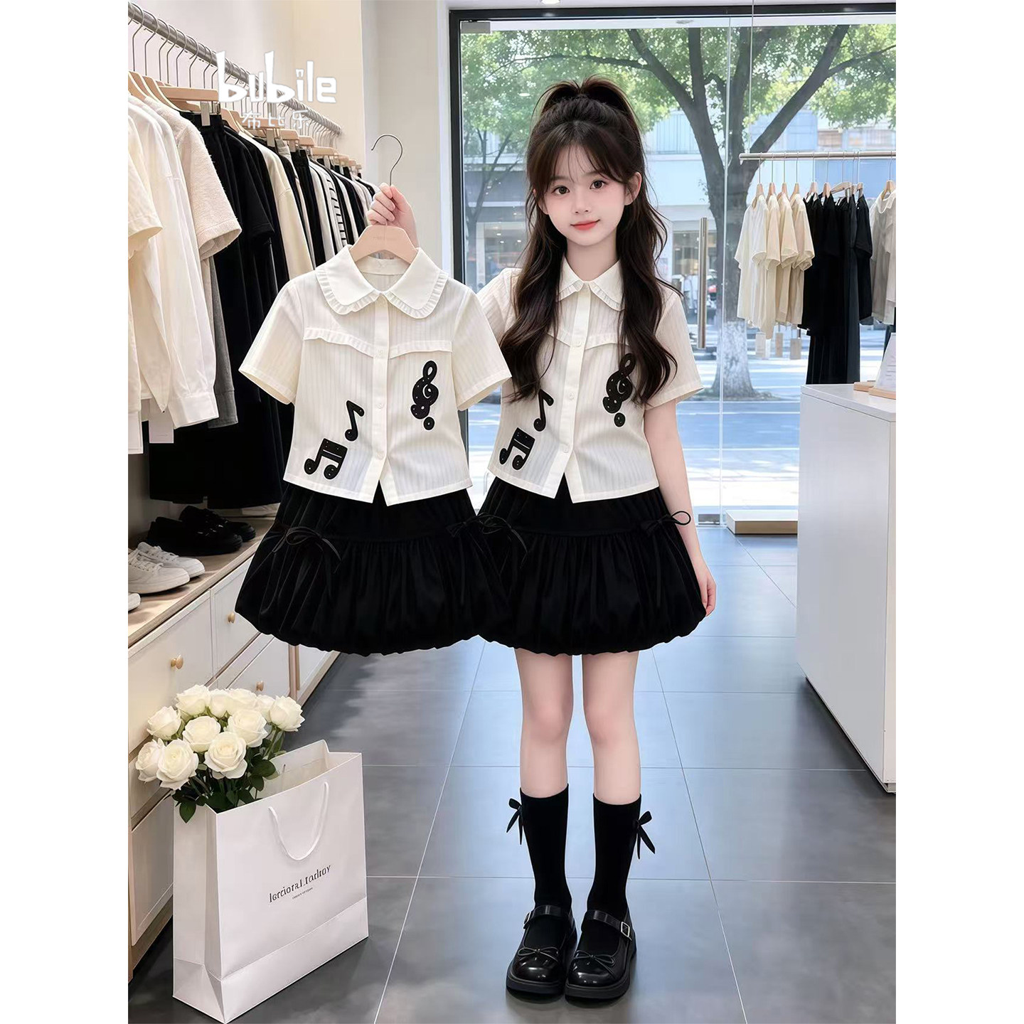 专柜正品女童套装2026新款夏季儿童短袖上衣蝴蝶结花苞短裙中大童