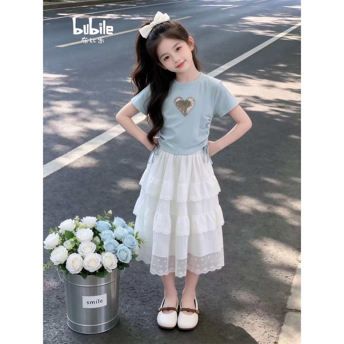 专柜正品女童夏装连衣裙2026新款套装爱心印花短袖上衣蛋糕裙公主