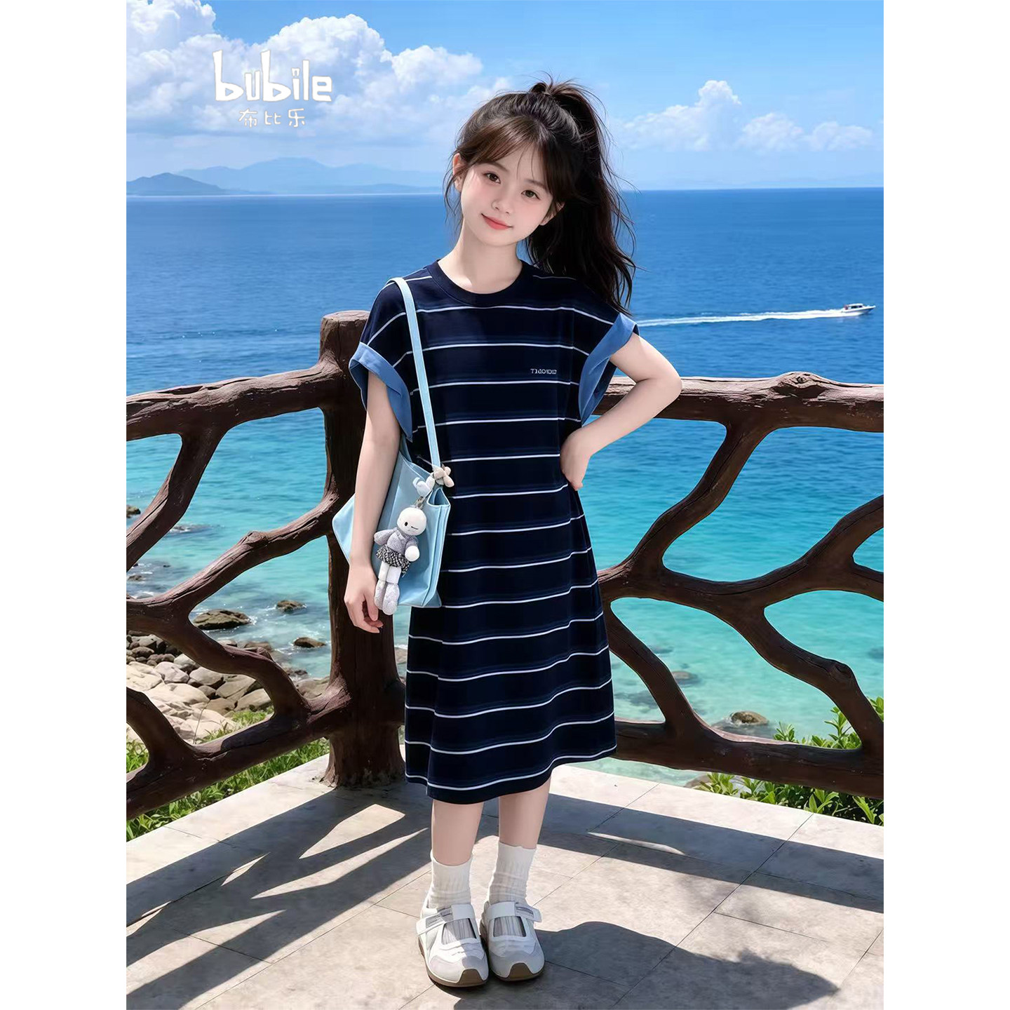 专柜正品女童连衣裙2026新款儿童提花条纹T恤裙夏季女孩韩版洋气