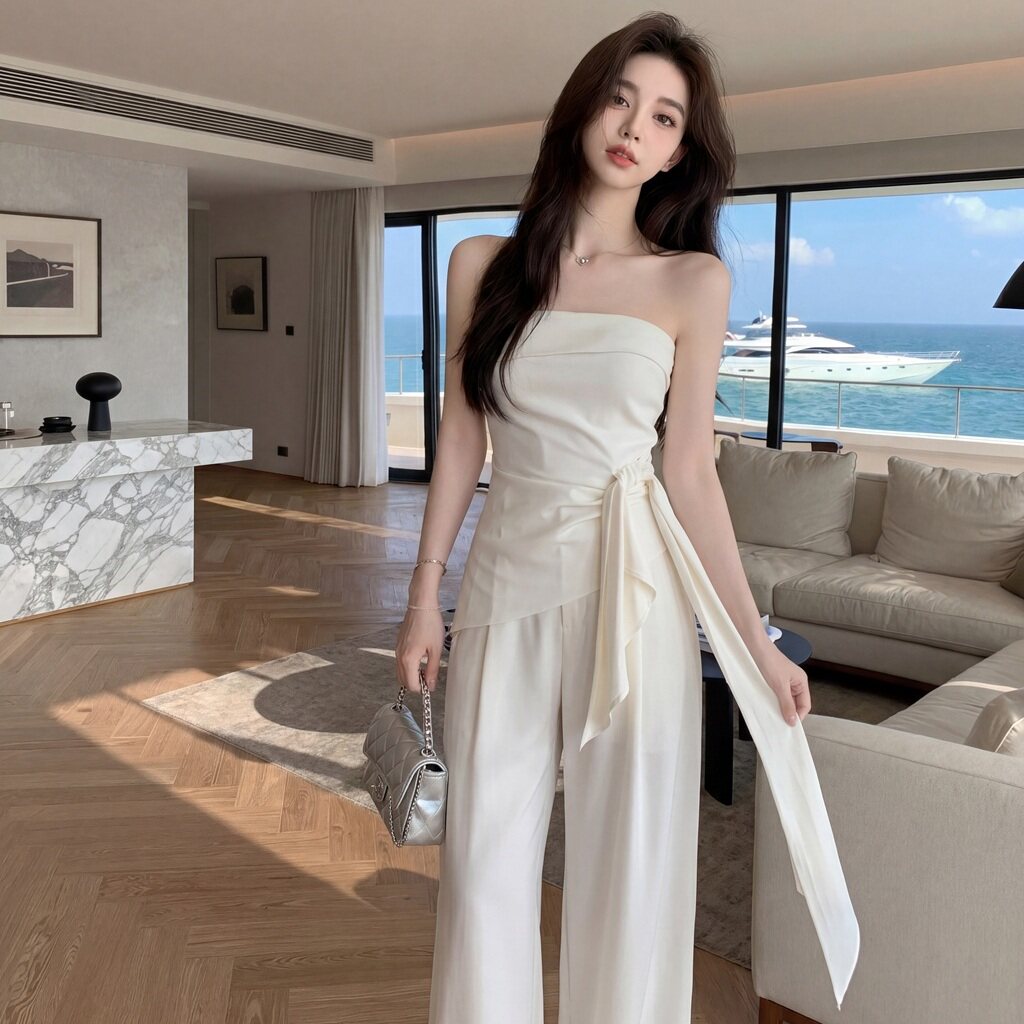 专柜正品一字肩抹胸上衣女夏季绝美套装海边度假高腰时尚套装优雅