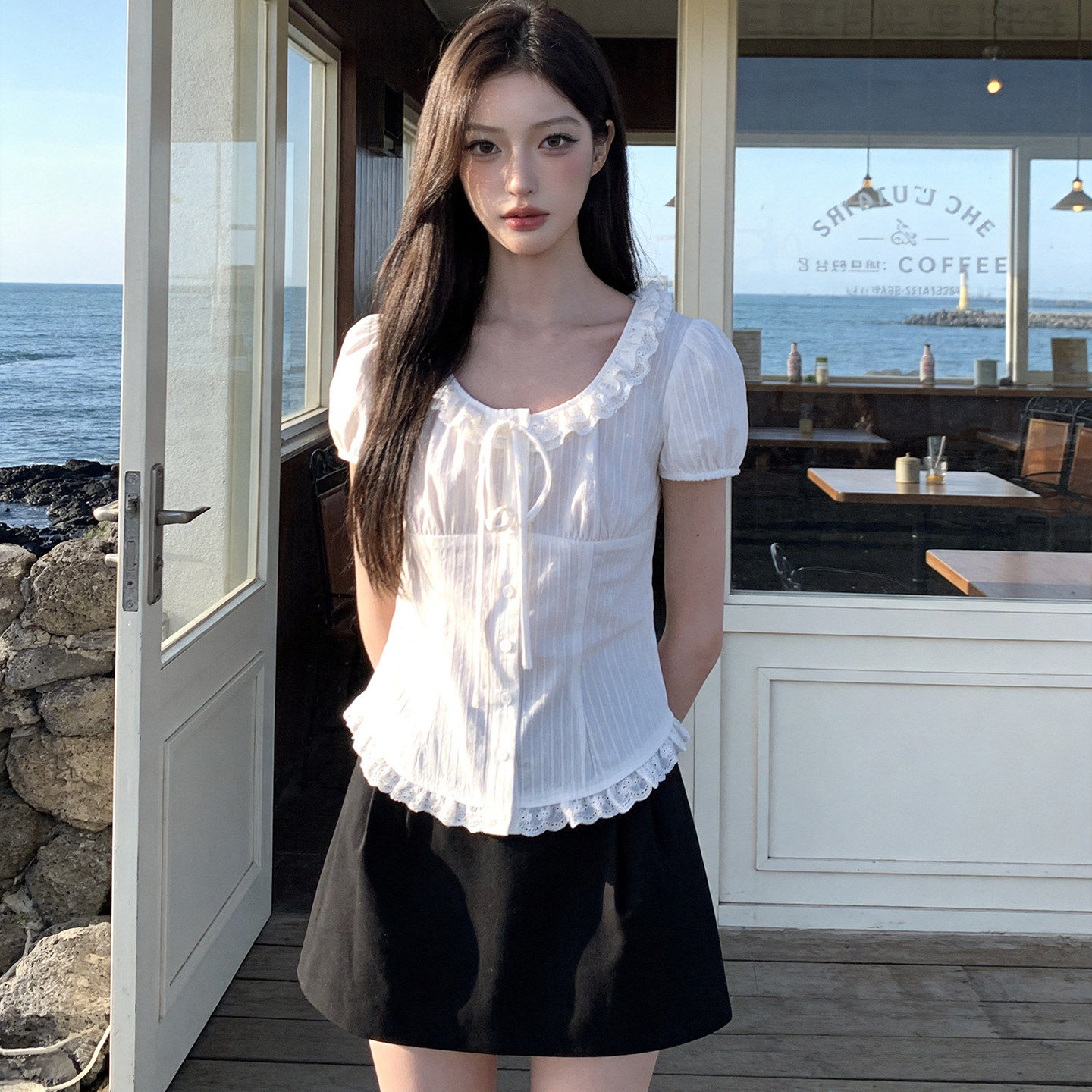 专柜正品纯白恋曲 甜美风法式泡泡袖蕾丝边绑带衬衫女夏季漂亮出