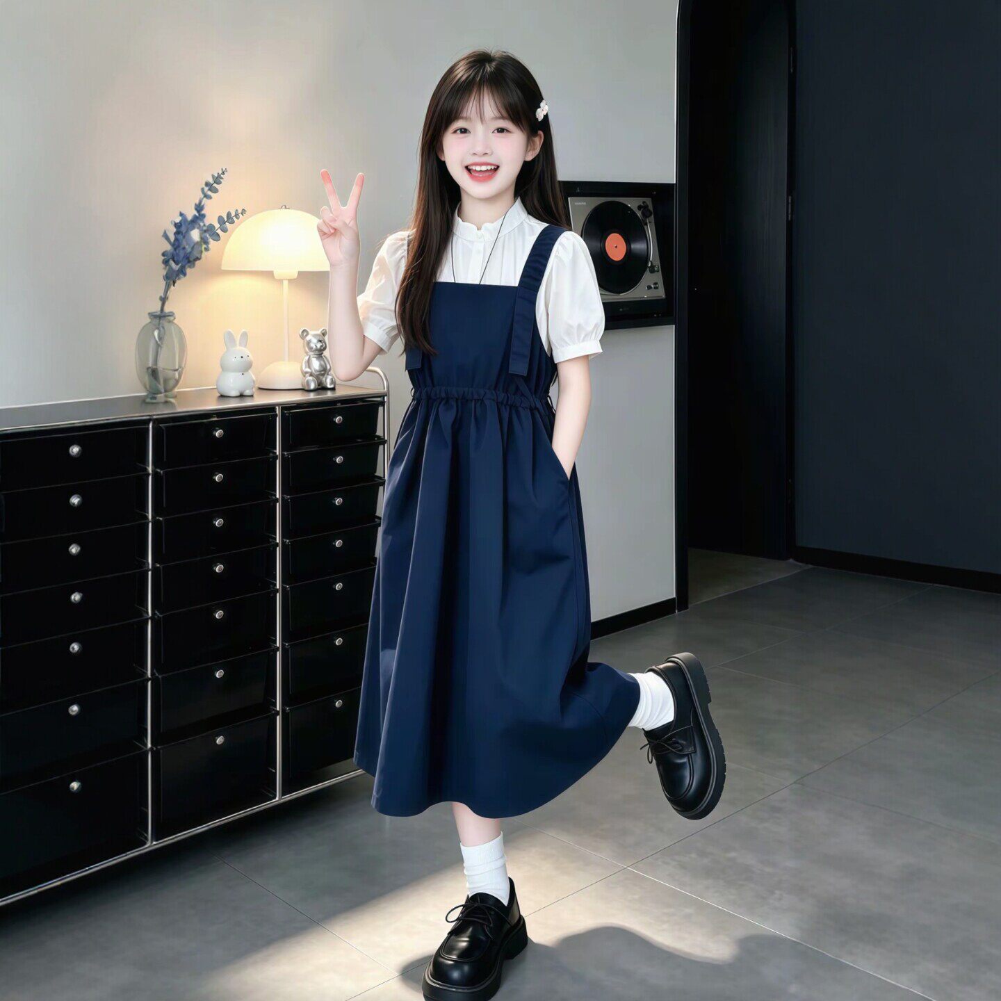 专柜正品女童超好看韩系穿搭连衣裙套装夏季2026新款女大童背带裙