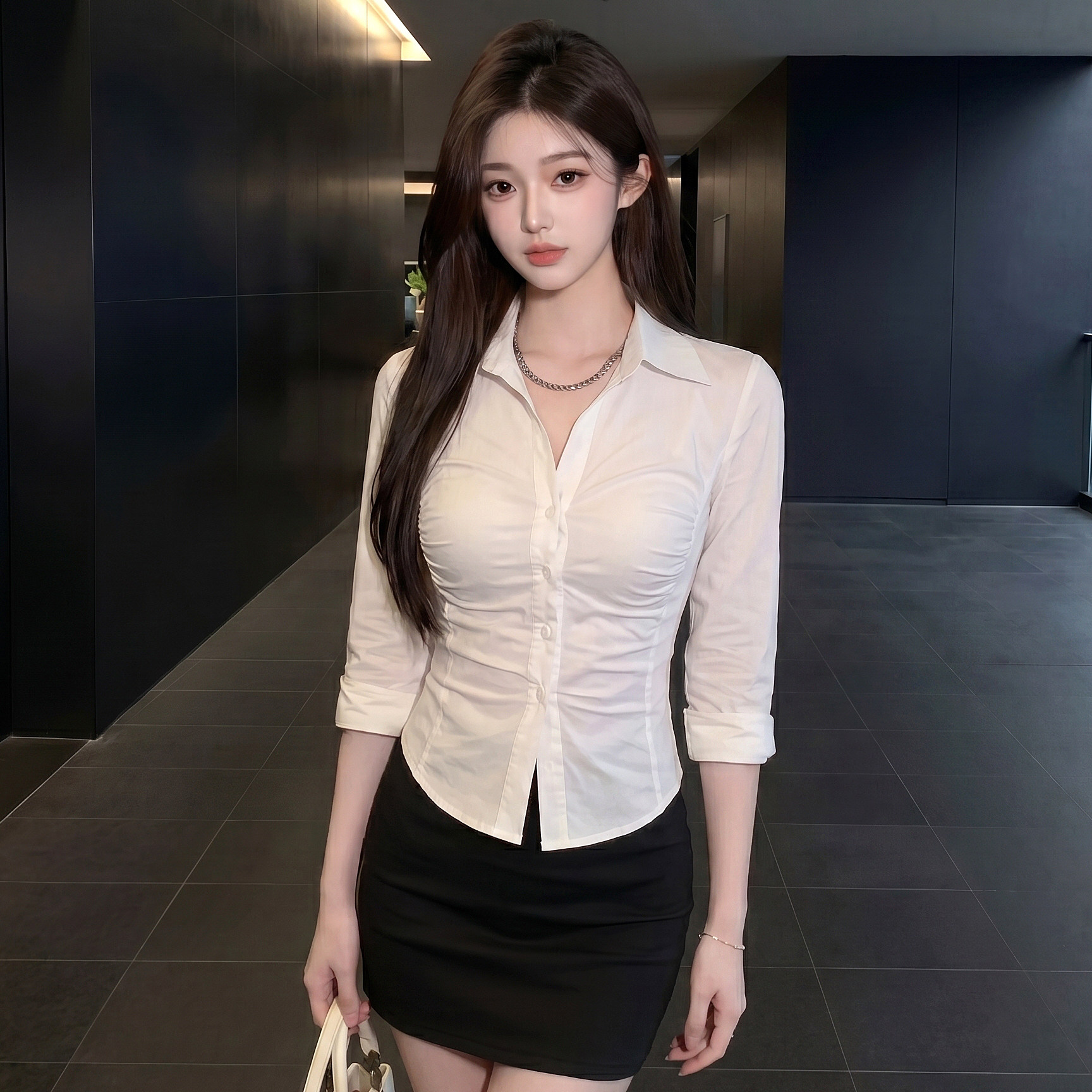 专柜正品高智风气质套装女白色翻领褶皱衬衫修身收腰 灰色高腰A字