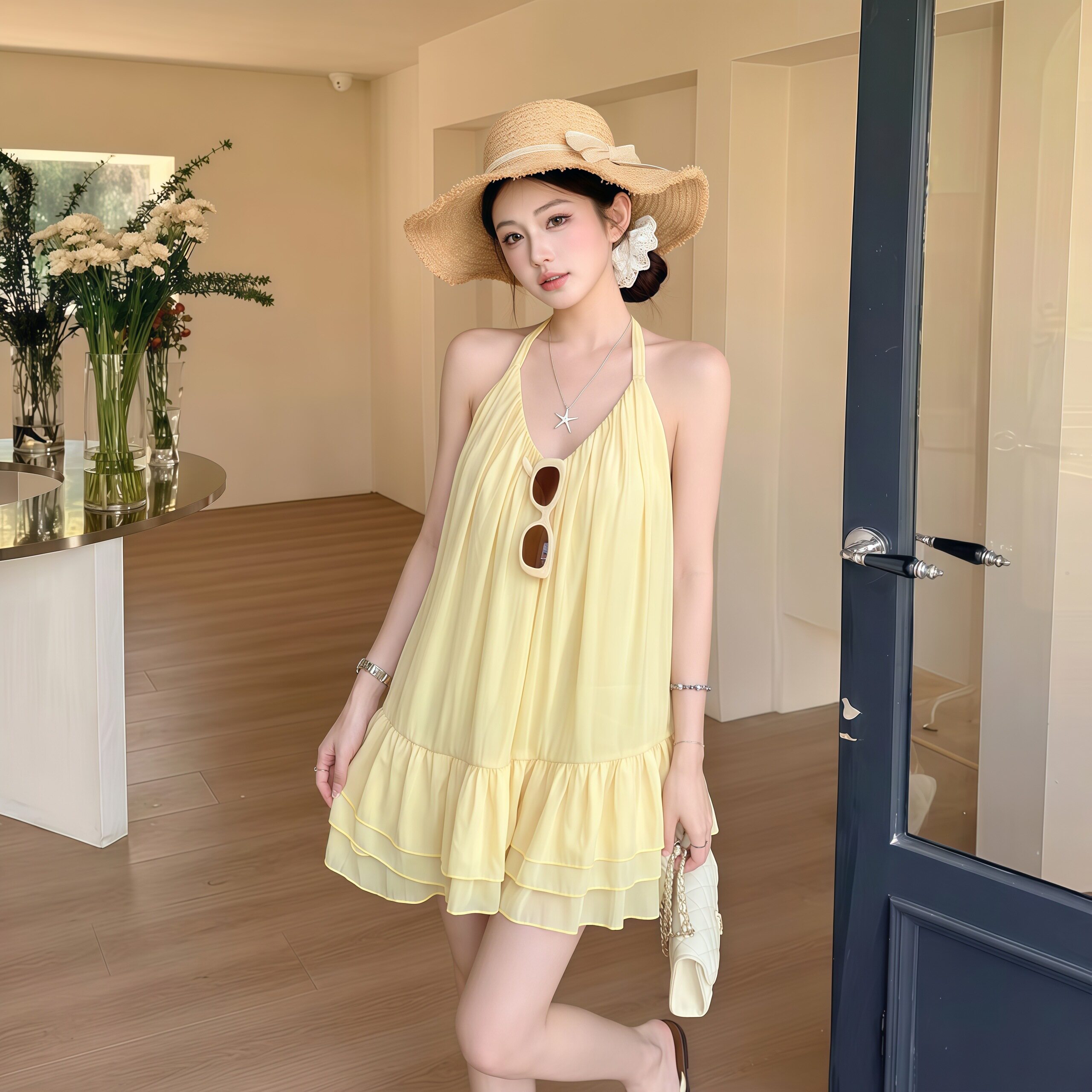 专柜正品纯欲辣妹露背v领吊带连衣裙女夏季新款宽松显瘦不规则蓬