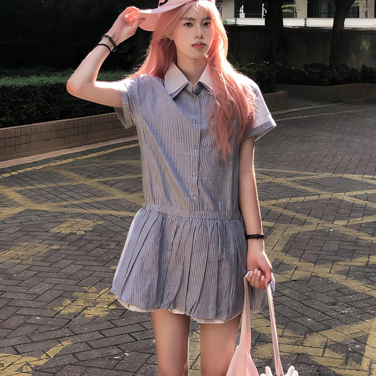 专柜正品韩系气质甜美翻领假两件条纹短袖衬衫连衣裙女宽松短裙衬