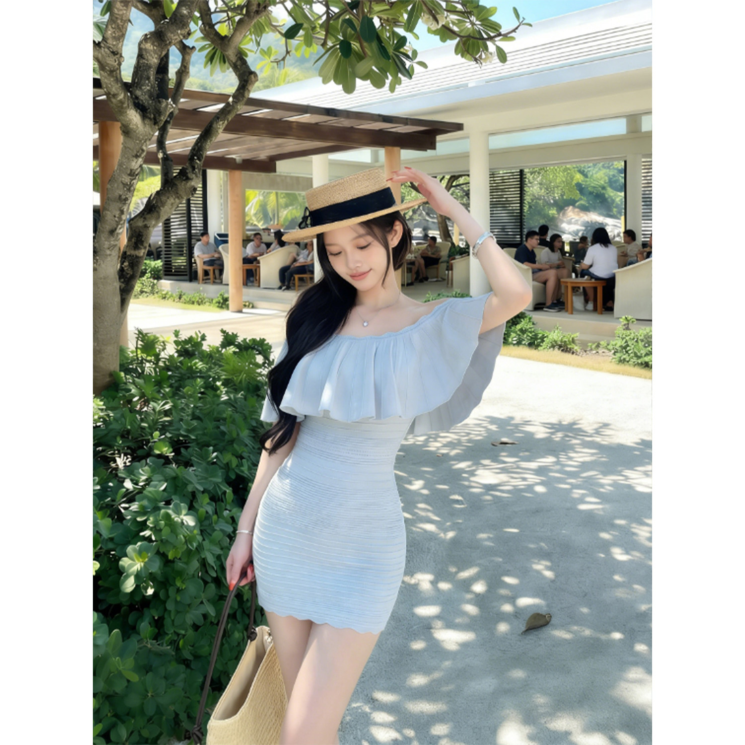 专柜正品纯欲风一字肩连衣裙女夏季荷叶边修身显瘦气质包臀短裙子