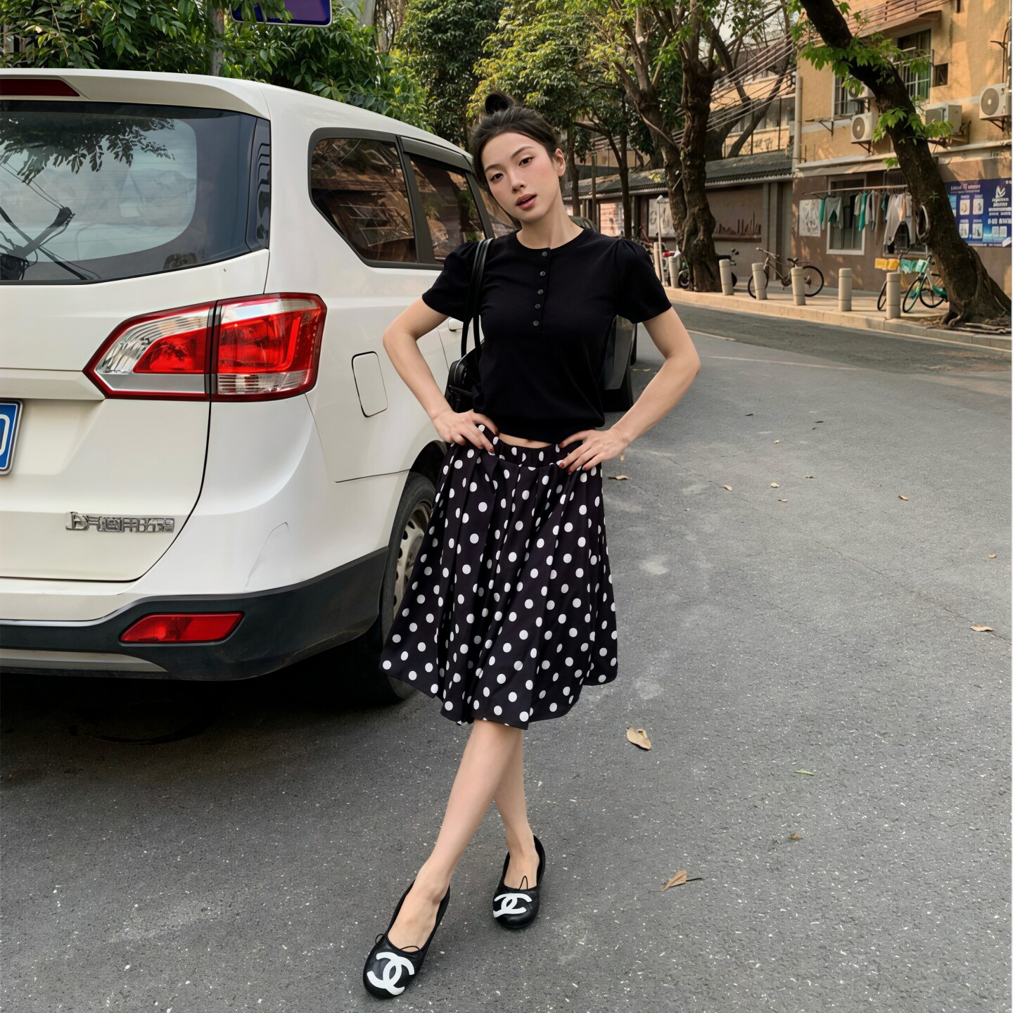 专柜正品夏季套装女新款黑色修身针织短袖休闲上衣短款波点裙子显