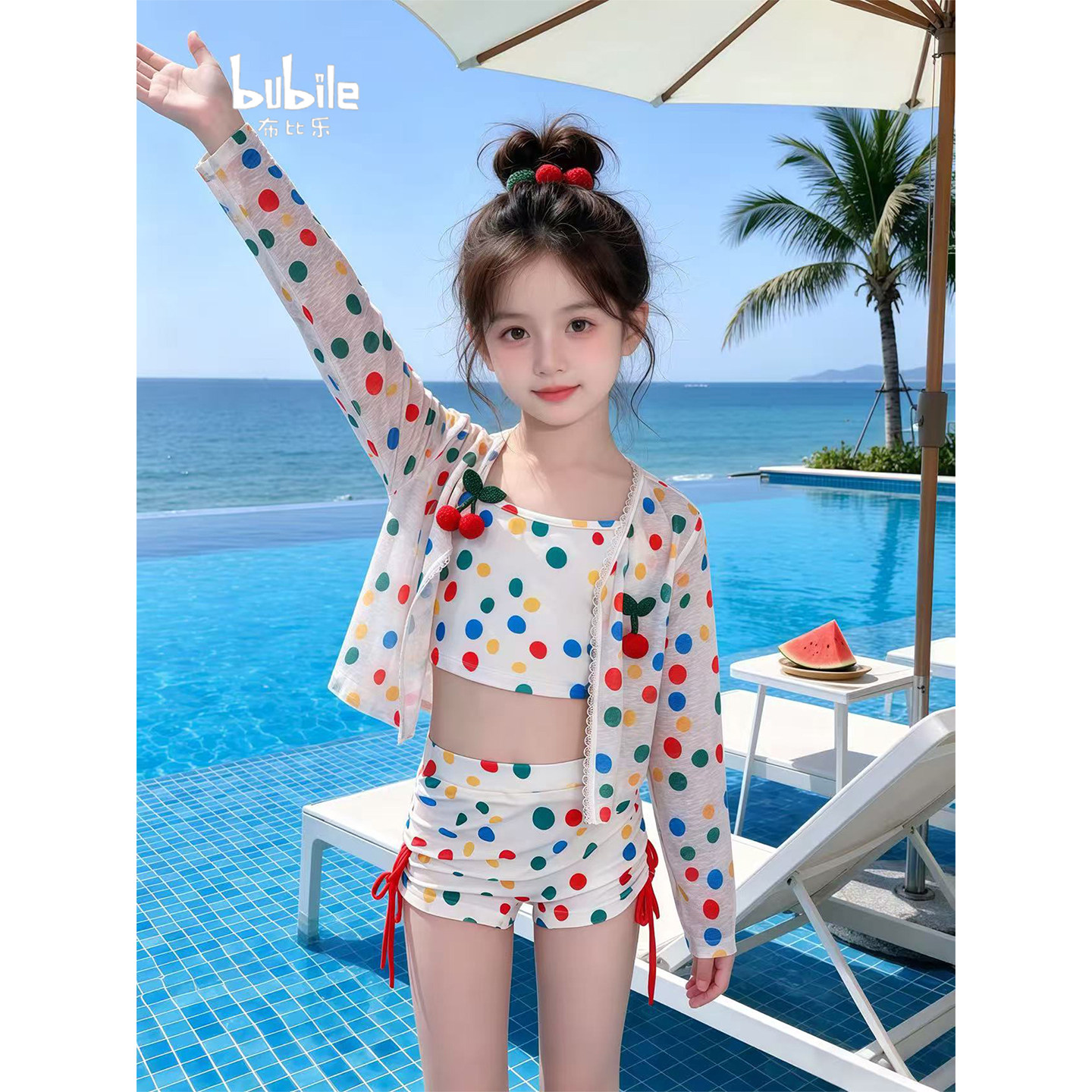 专柜正品女童分体泳衣三件套2026新款吊带背心短裤长袖防晒罩衫樱