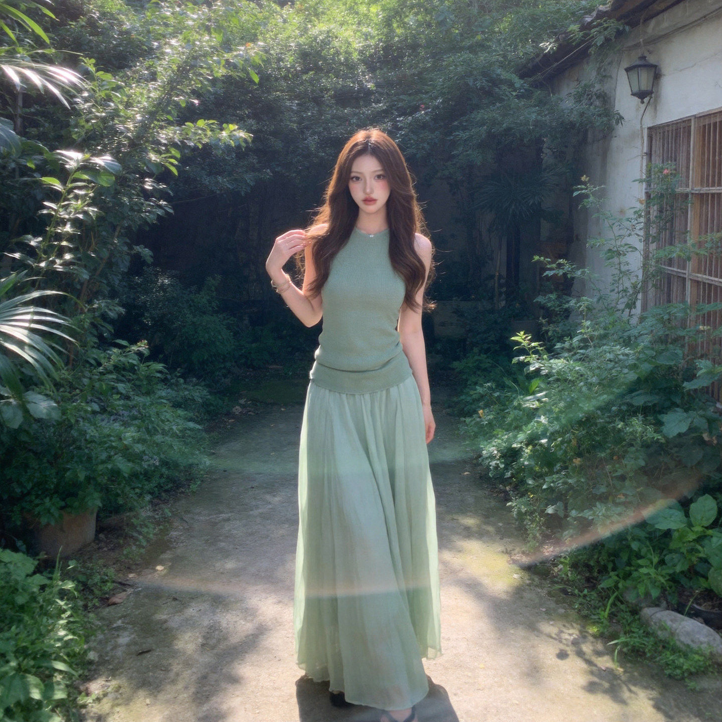 专柜正品绝美水滴露背针织背心女夏外穿无袖打底上衣+半身裙两件