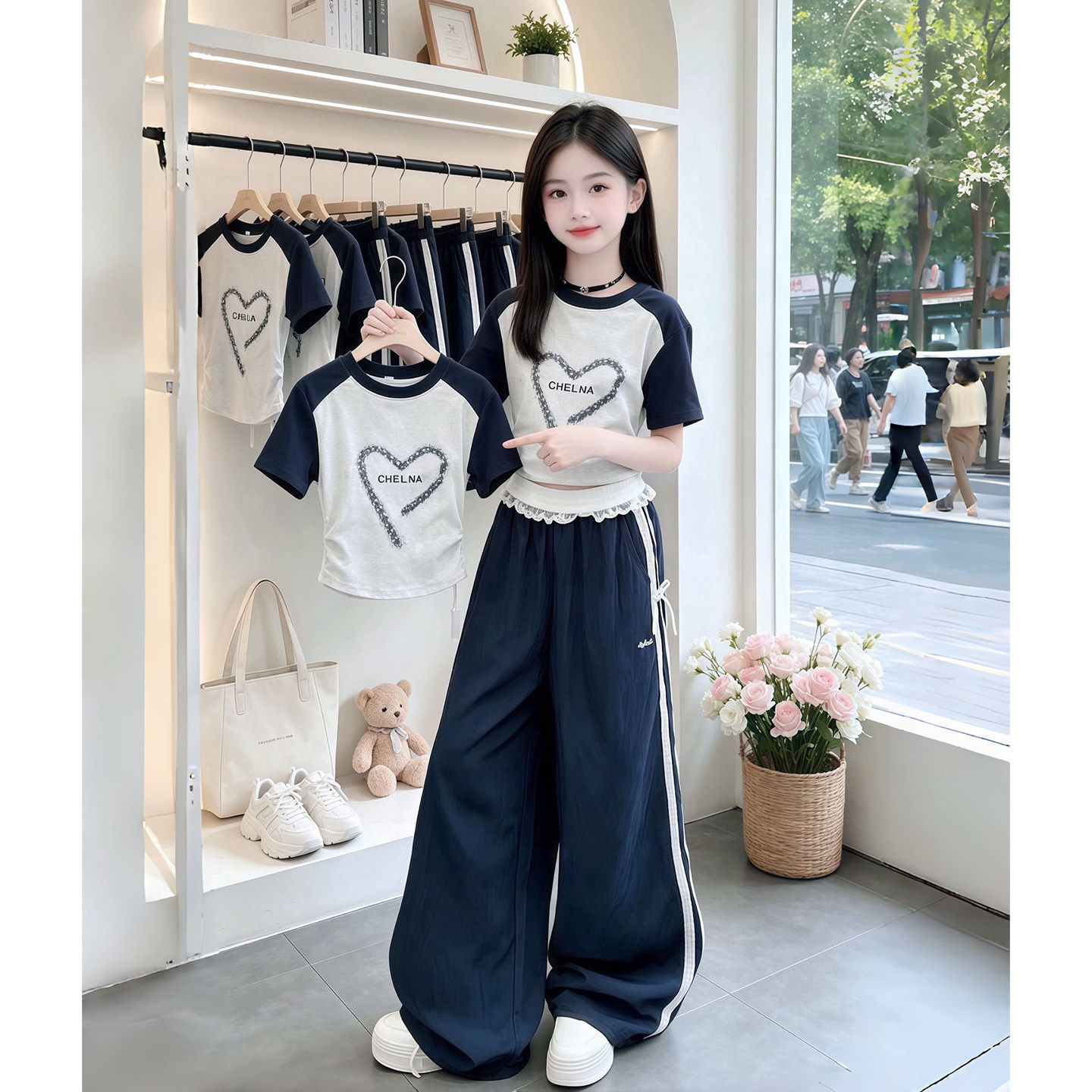 女童夏季套装2026新款儿童洋气女孩短袖T恤夏装大童阔腿裤两件套