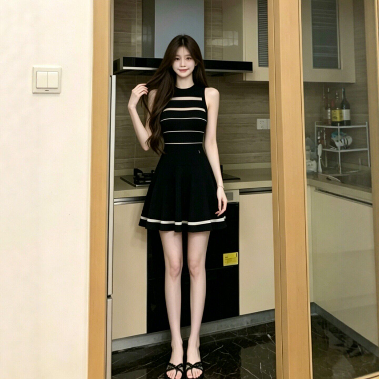 专柜正品韩系穿搭时尚气质感收腰蓬蓬吊带裙小个子巨好看的针织连
