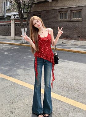 专柜高端港风穿搭复古独特超好看不规则碎花背心吊带漂亮绝美红色