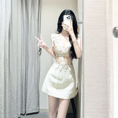 专柜高端独特漂亮蕾丝包臀短裙高级感御姐名媛上流社会吊带连衣裙