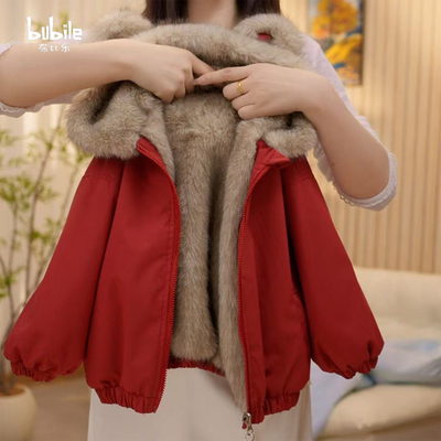 女童加绒外套2025新款洋气儿童冬季加厚兔毛连帽外套女孩冬款棉服