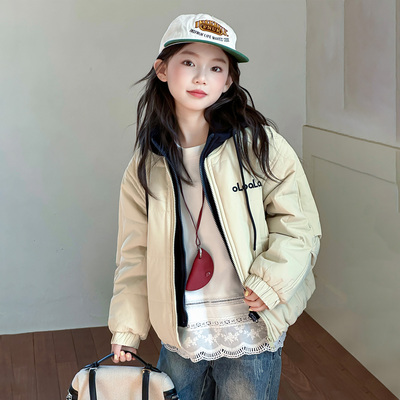 女童韩版夹棉棒球服秋冬2025新款儿童超好看棉服女孩连帽外套洋气