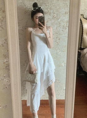 法式白色蕾丝花边吊带连衣裙子女减龄收腰海边度假不规则长裙夏季