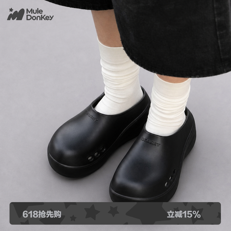 多嘴驴Donkey黑色厨师鞋女夏季防水增高半拖洞洞凉鞋厚底包头拖鞋