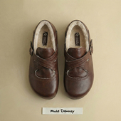 多嘴驴Donkey棕色加绒毛毛鞋 一脚蹬厚底皮面勃肯鞋 女冬季 保暖棉鞋