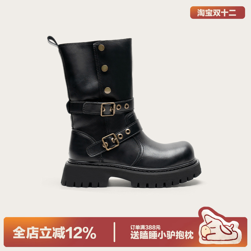 多嘴驴Donkey厚底粗跟黑色中筒靴